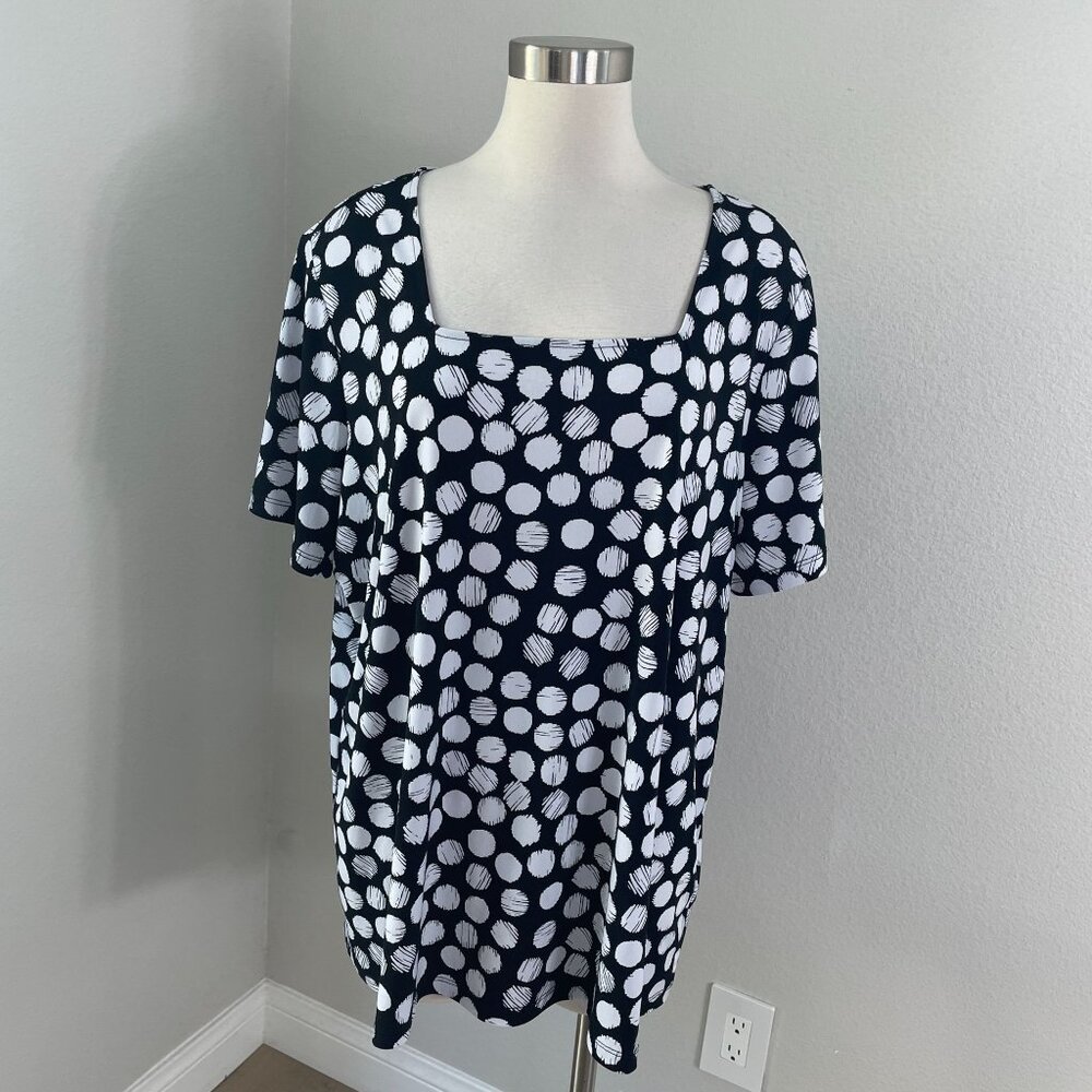 Susan Graver Womens Plus 2X Navy Polka Dot Square Neck Tunic Top Liquid Knit